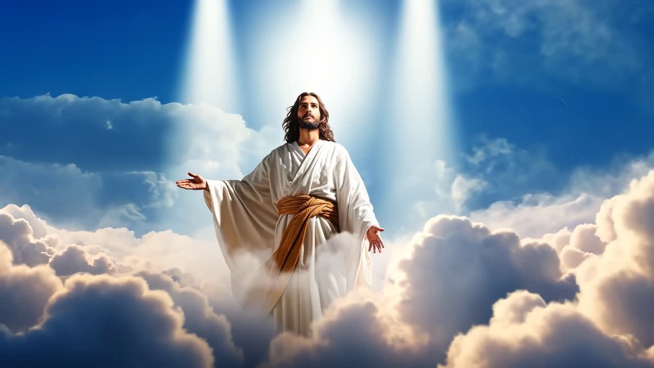 Heavenly figure in white robes stands amidst clouds, arms open