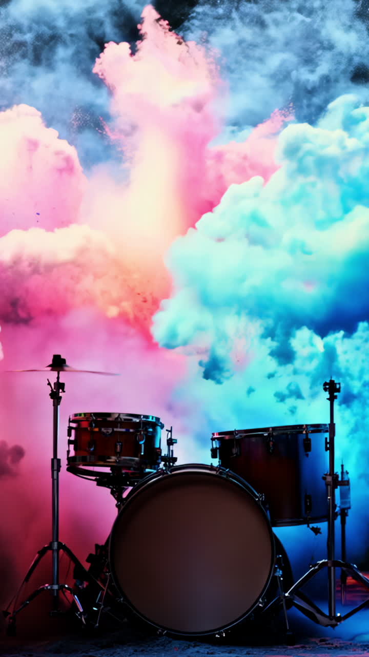 A drum set is surrounded by a cloud of colorful powder. The drum set is the main focus of the image, and the colorful powder creates a sense of excitement and energy