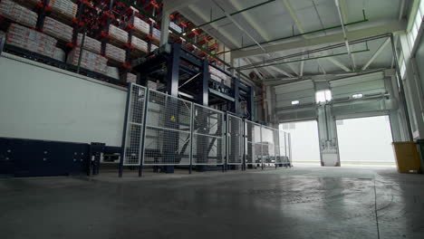 warehouse interior with automated loading dock and storage racks