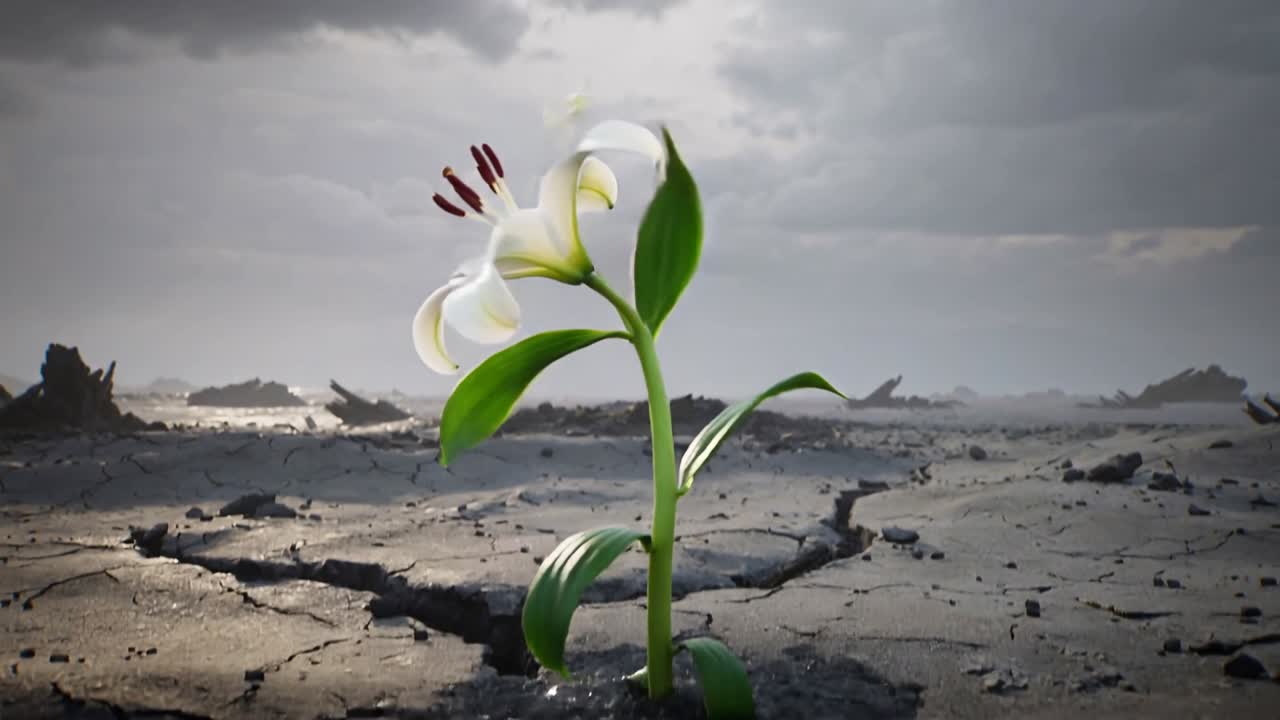 Fallande klar droppe som får ett frö att gro, växande på sprucken jord och bildar vita liljeblommor.