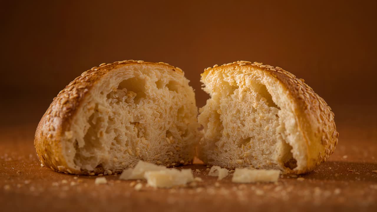 Mostrando le due metà di un panino al sesamo dopo essere stato tagliato, che si adagiano su un tavolo di legno, mentre le briciole si spostano, rivelando la mollica.