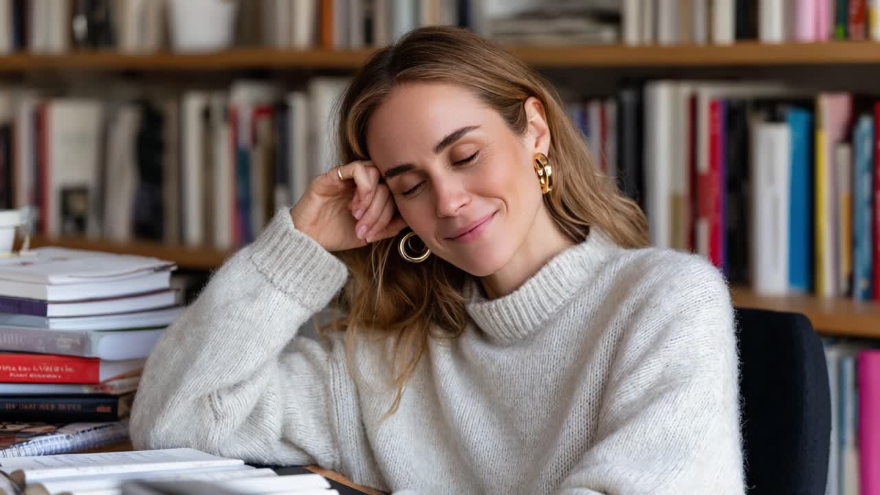 A contemplative moment captured in a cozy study, featuring a young woman enjoying a serene and joyful expression while surrounded by an impressive collection of books