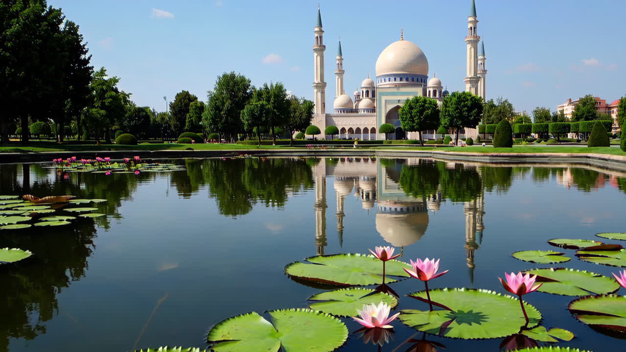 Beautiful Mosque in a Park with Lotus Flowers