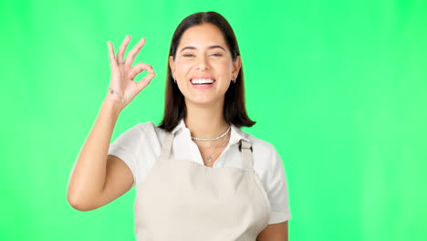 cara, manos ok y mujer feliz en la pantalla verde