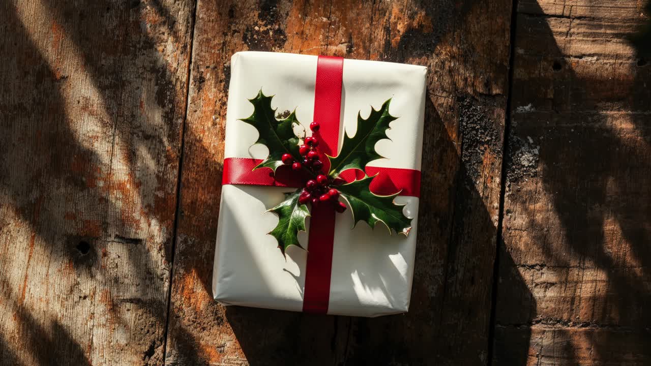 Een kerstcadeau ingepakt in wit papier met een rood lint en hulst
