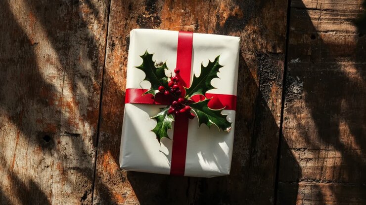 A Christmas gift wrapped in white paper with a red ribbon and holly