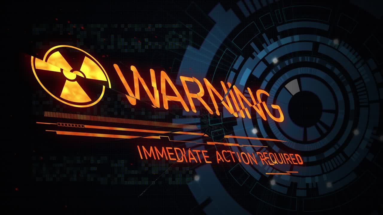 Sensor alarm causing radiation alert sliding in; letters forming, bars growing, demanding action