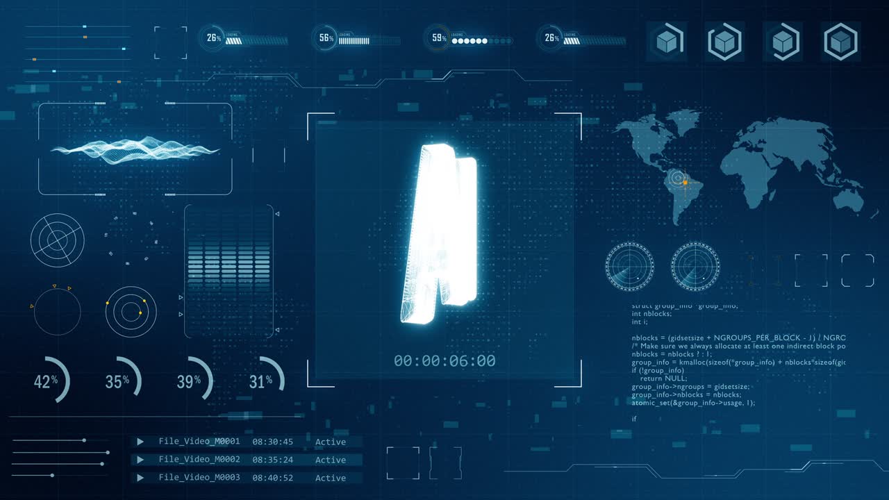 Motion graphic of Blue digital 3D AI logo with head up display ( HUD ) background and futuristic technology abstract background