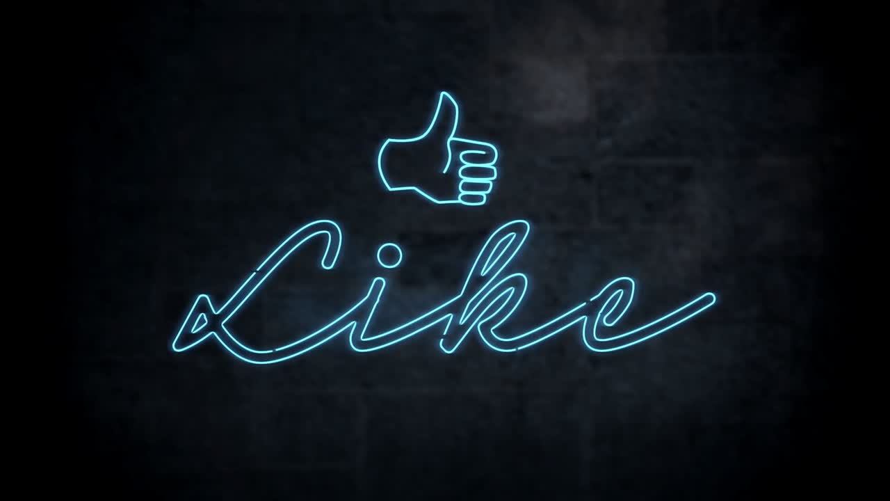 Animazione di un banner di testo "Mi piace" blu neon e icona su sfondo nero testurizzato.