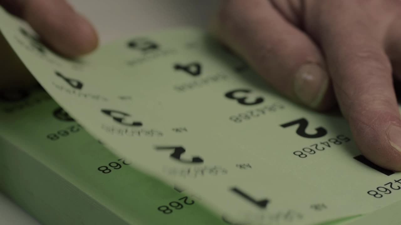 Hand tearing lottery tickets close up macro shot