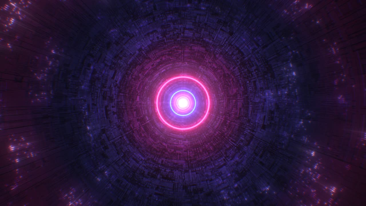 luces de neón abstractas anillos giran en el futurístico túnel sin fin de ciencia ficción - 4k movimiento de bucle sin costuras animación de fondo