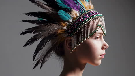 portrait of a girl wearing a colorful feather headdress