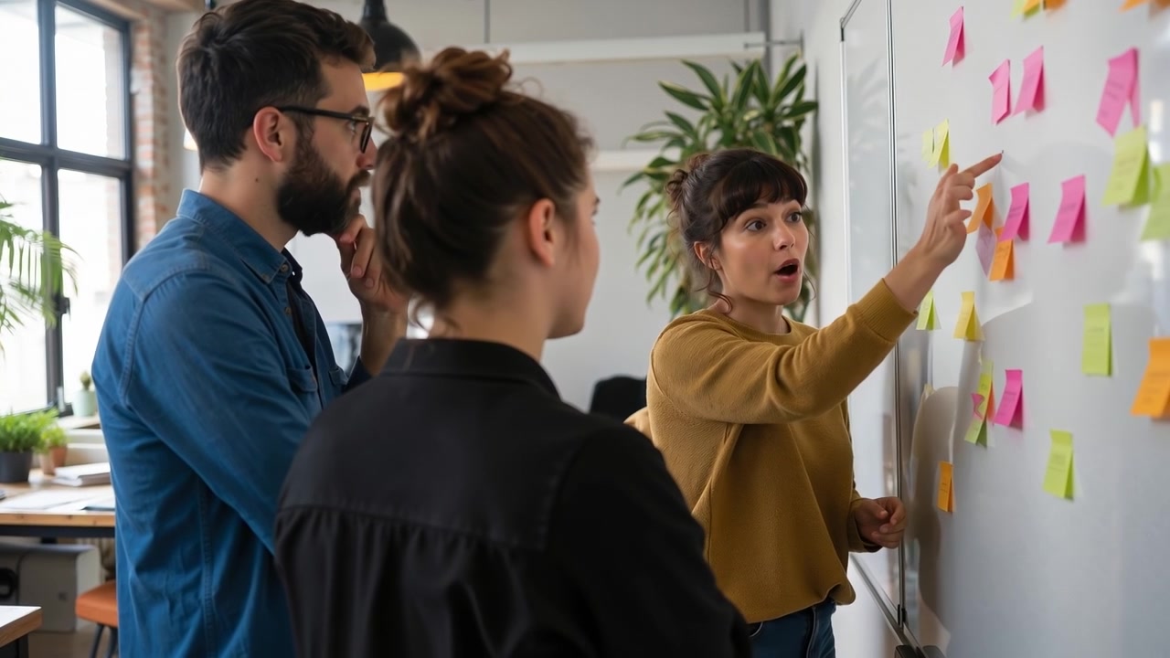 Team aziendale che fa brainstorming e analizza post-it colorati su una lavagna bianca durante una riunione d'ufficio