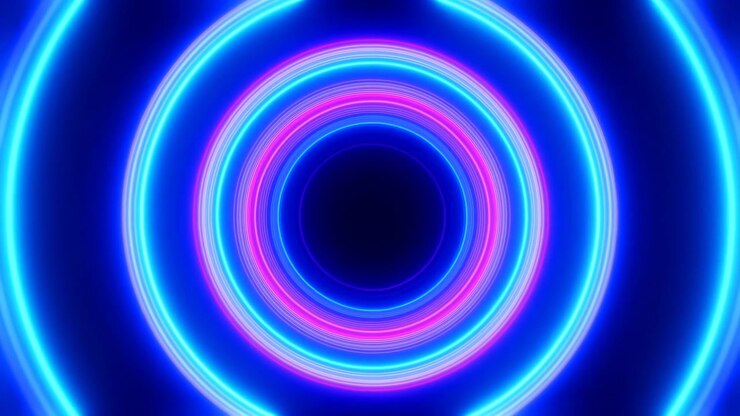 Bright blue, cyan, and pink circular light rings glow in the center of a deep dark backdrop, creating a futuristic abstract tunnel effect with smooth luminous