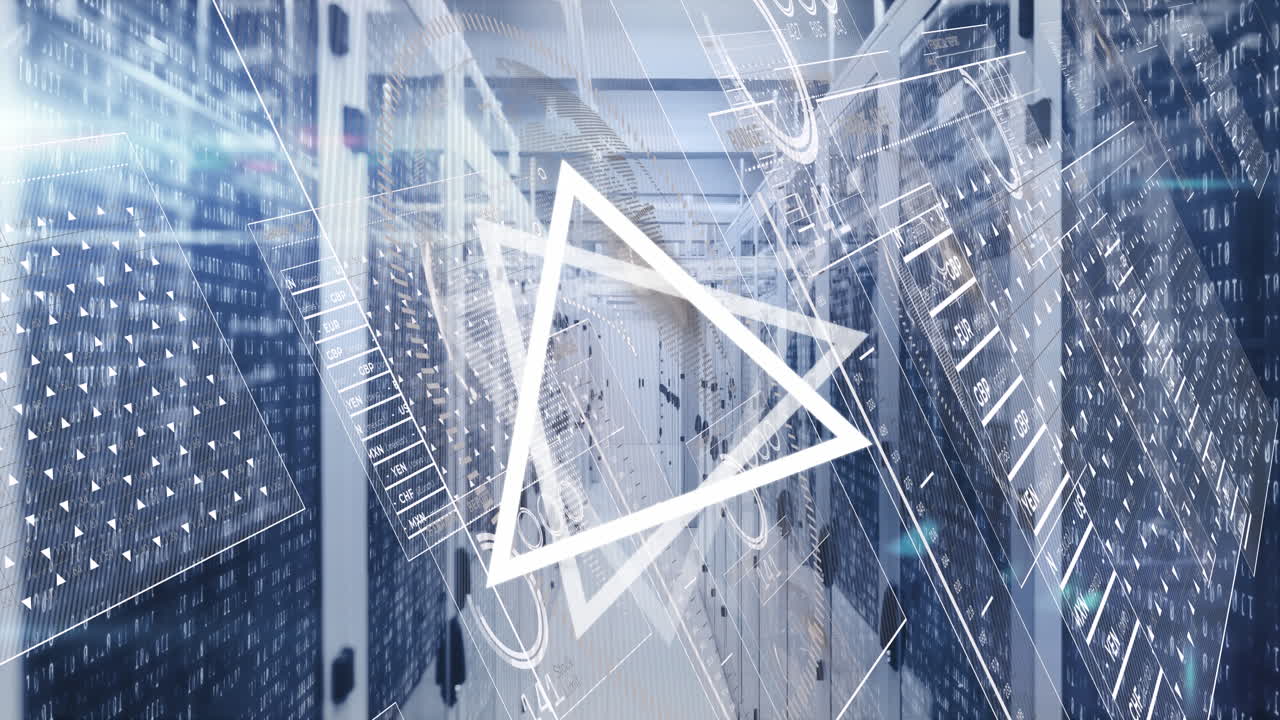 Animation of interface with data processing and triangular shape spinning against server room