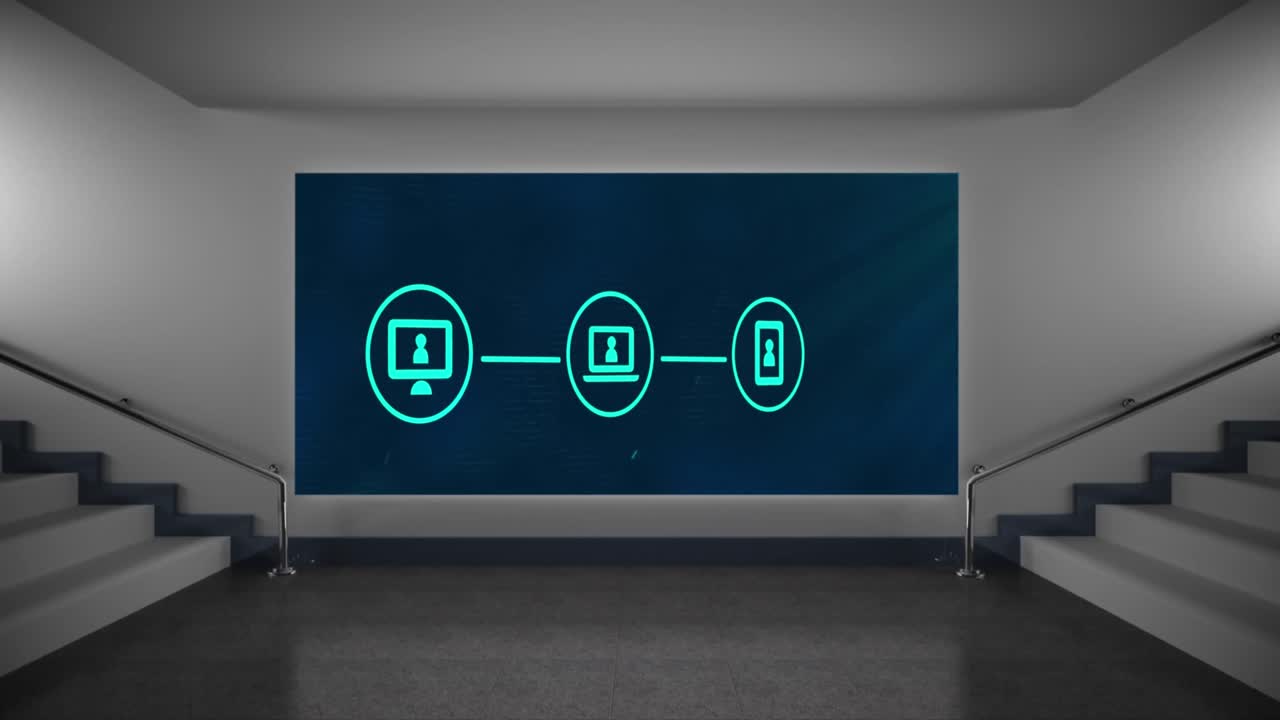 사무실 건물의 파란 벽 위에 플로우 차트를 형성하는 전화, 노트북 및 컴퓨터 아이콘의 애니메이션