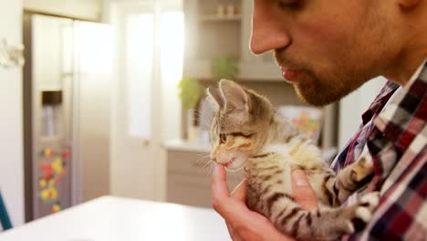 smiling young man playing with his pet cat in the kitchen 4k 4k