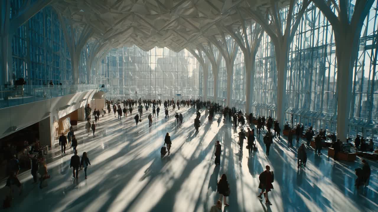 A Bustling Urban Terminal: Sunlight Streams Through Glass Walls, Illuminating the Crowded Space Filled with Travelers and Commuters in Motion