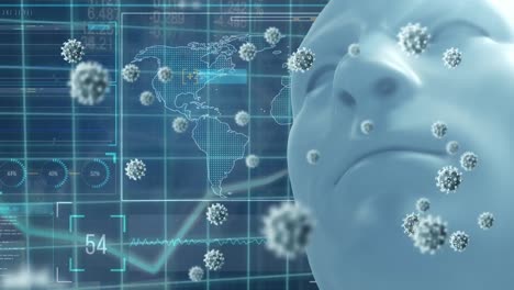 animación de células de virus, mapa del mundo y modelo de rostro humano sobre la pantalla con diversos datos