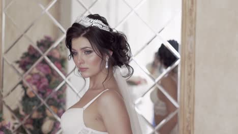 pretty young brunette bride in modern white bra close view