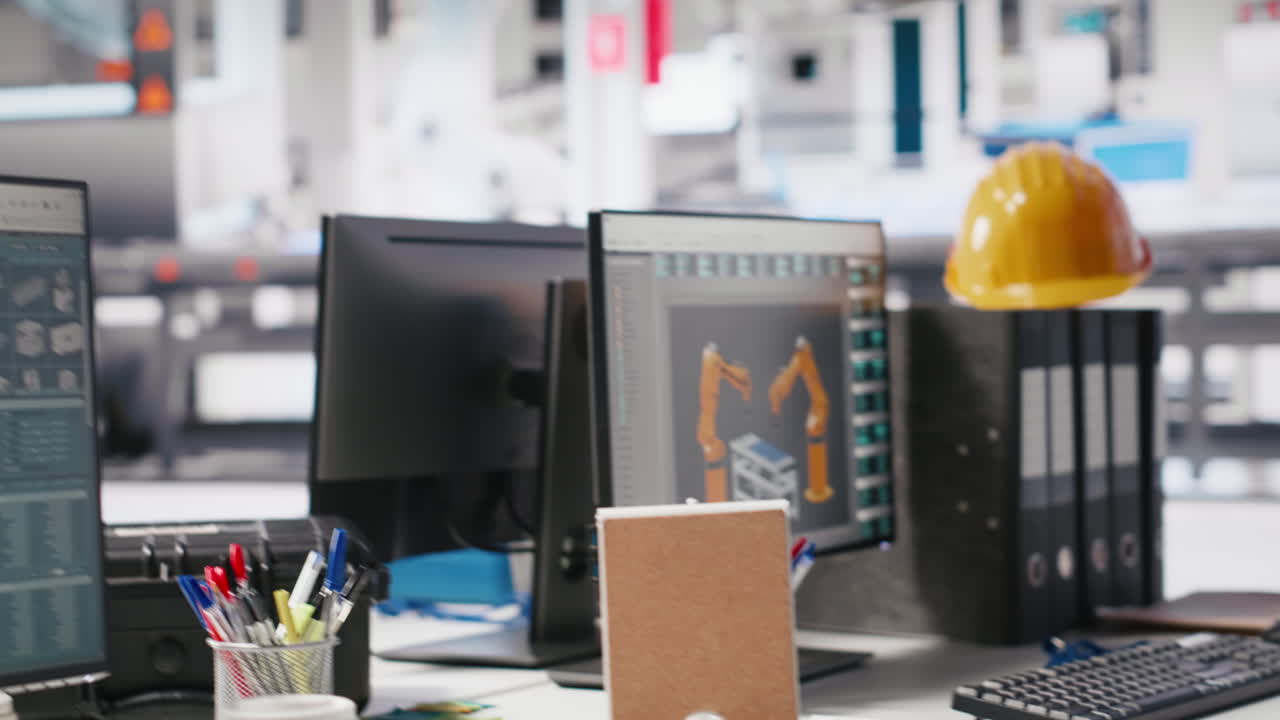 Monitor on desk in photovoltaics factory running software update