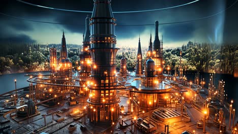 futuristic cityscape with glowing towers and intricate structures at dusk