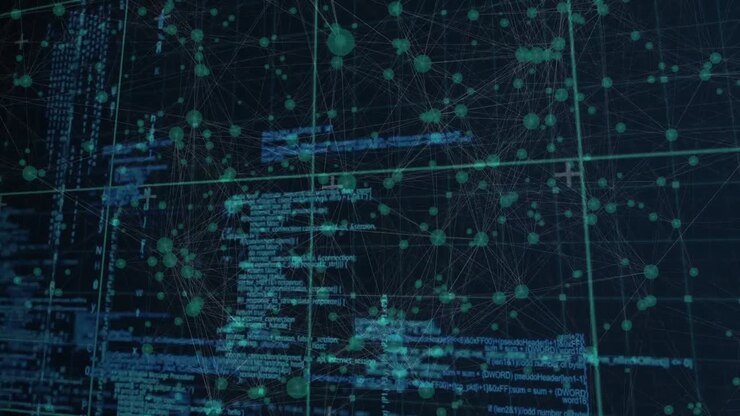 Animation of data processing and network of connections over dark background