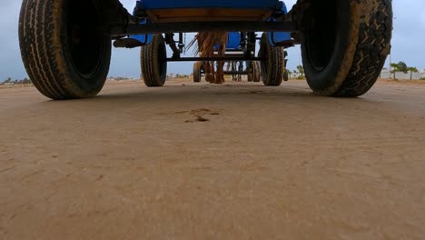 Cámara-Lenta-De-Caballo-Tirando-De-Carruaje-Azul-A-Lo-Largo-Del-Desierto