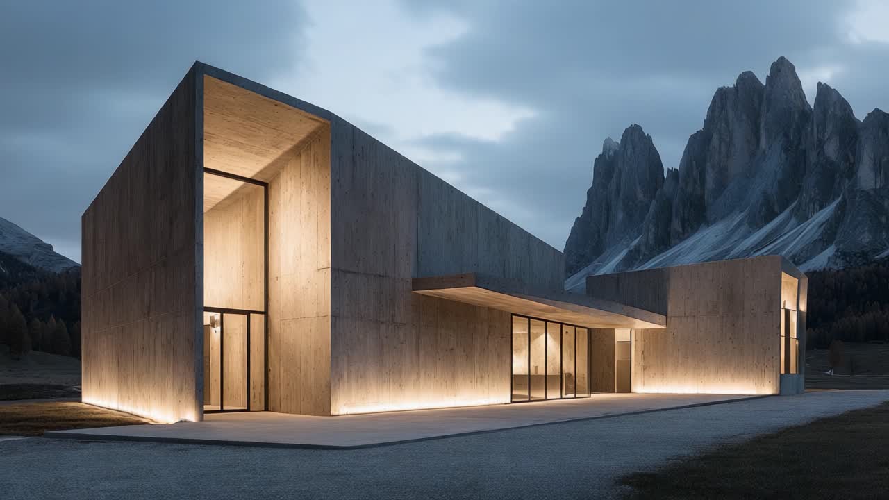 Et moderne arkitektonisk mesterværk i beton placeret foran majestætiske bjergtoppe under en dramatisk himmel, der fremviser innovativt design og naturlig skønhed i harmoni.