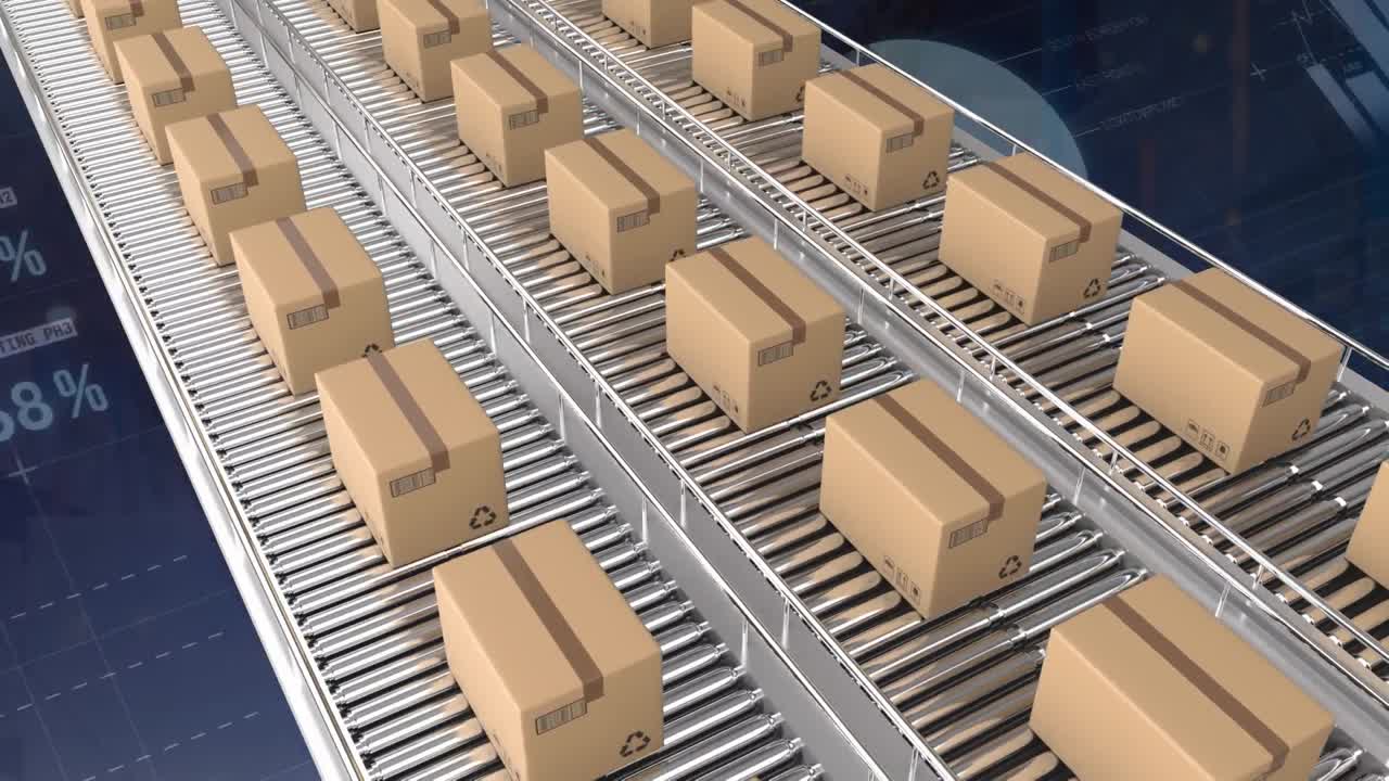 animación de cajas de entrega en cintas transportadoras contra el procesamiento de datos estadísticos.