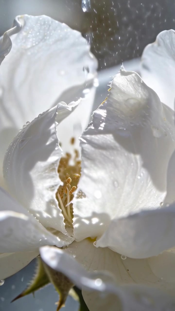 Video verticale: Un getto d'acqua che cade colpisce un fiore bianco in macro nel giardino, inzuppando lo stame giallo.