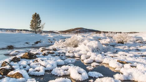 Verschneiter-Flusslauf-Im-Nördlichen-Hochland,-Klarer-Himmel,-Zeitraffer-Schieberegler