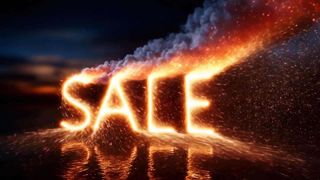 A Stunning Firework Display Spelling Out 'SALE' in Glowing Embers and Bright Sparks, Capturing Attention with Dynamic Colors Against a Dramatic Sky at Dusk