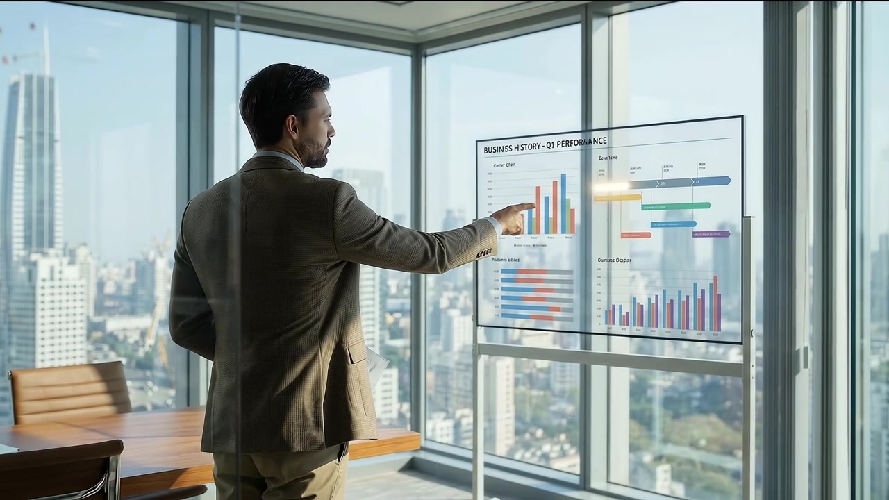 Businessman Analyzing Financial Data on Digital Display in Modern Office