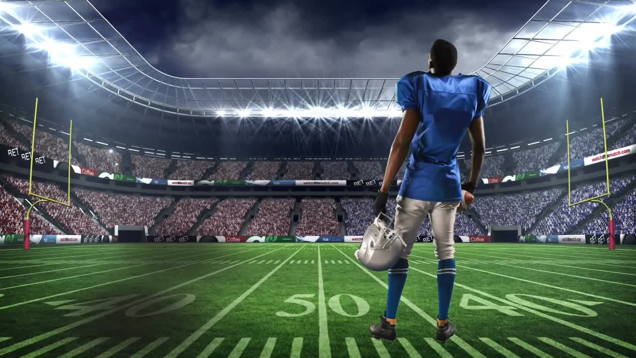 Animace hráče amerického fotbalu nad sportovním stadionem.