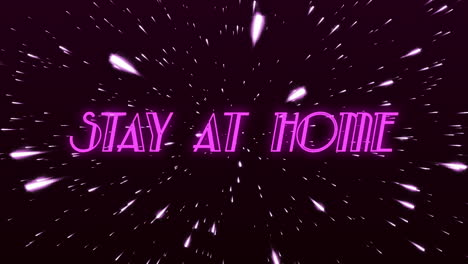 animation of words stay at home written in purple neon letters over shiny points floating