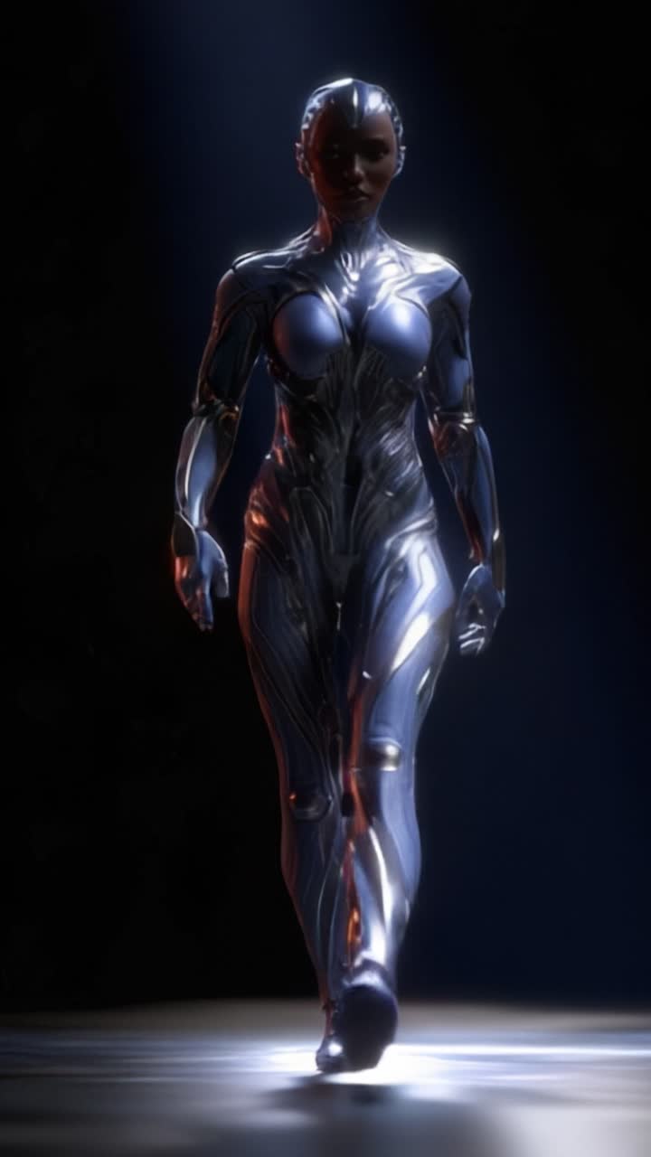 Futuristic humanoid robot gracefully strides forward, showcasing intricate metallic body details and striking lighting effects that highlight its sleek design