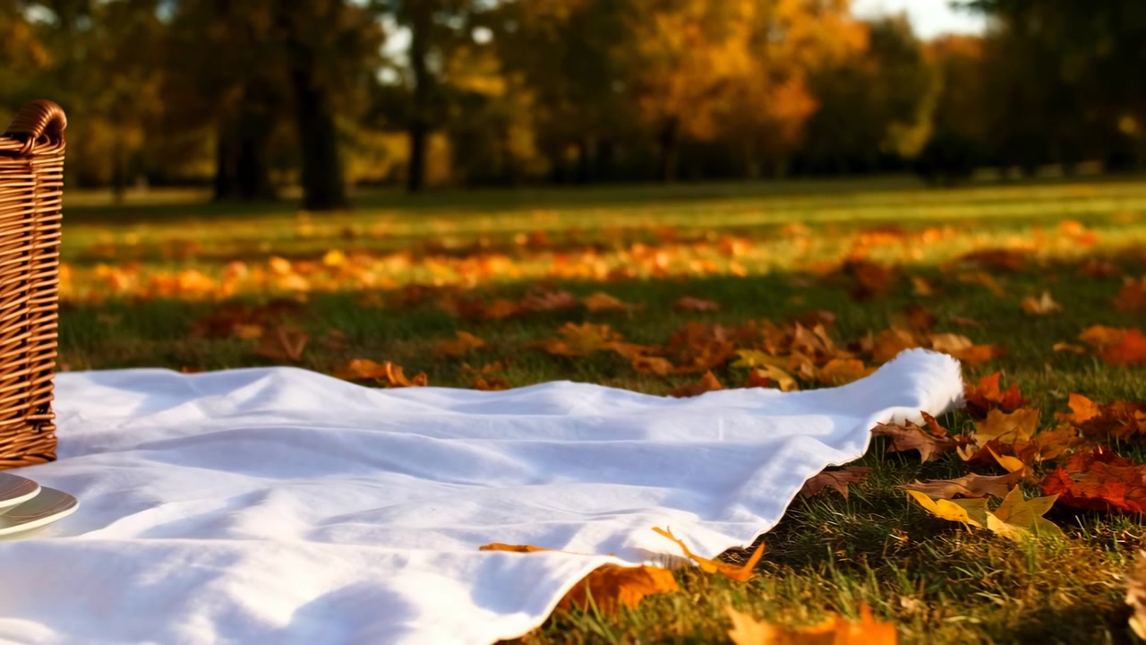 Un panno bianco poggia su terreno erboso cosparso di foglie autunnali cadute in un parco tranquillo, con alberi sfocati e morbidi e calda luce solare dal basso che crea una calma.