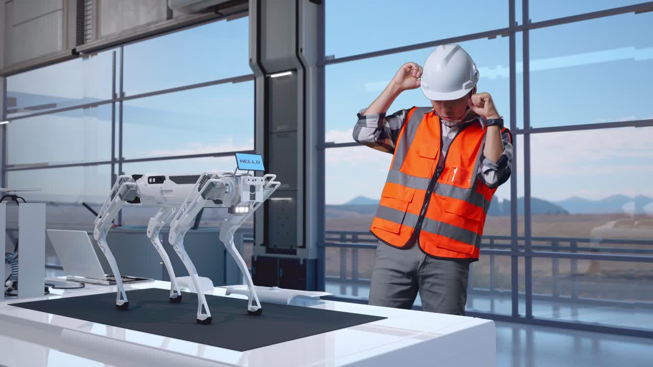 cuerpo lleno de ingeniero masculino asiático con casco de seguridad gritando gol y bailando celebrando mientras estaba de pie en una fábrica de alta tecnología, analizando el concepto de máquina robótica