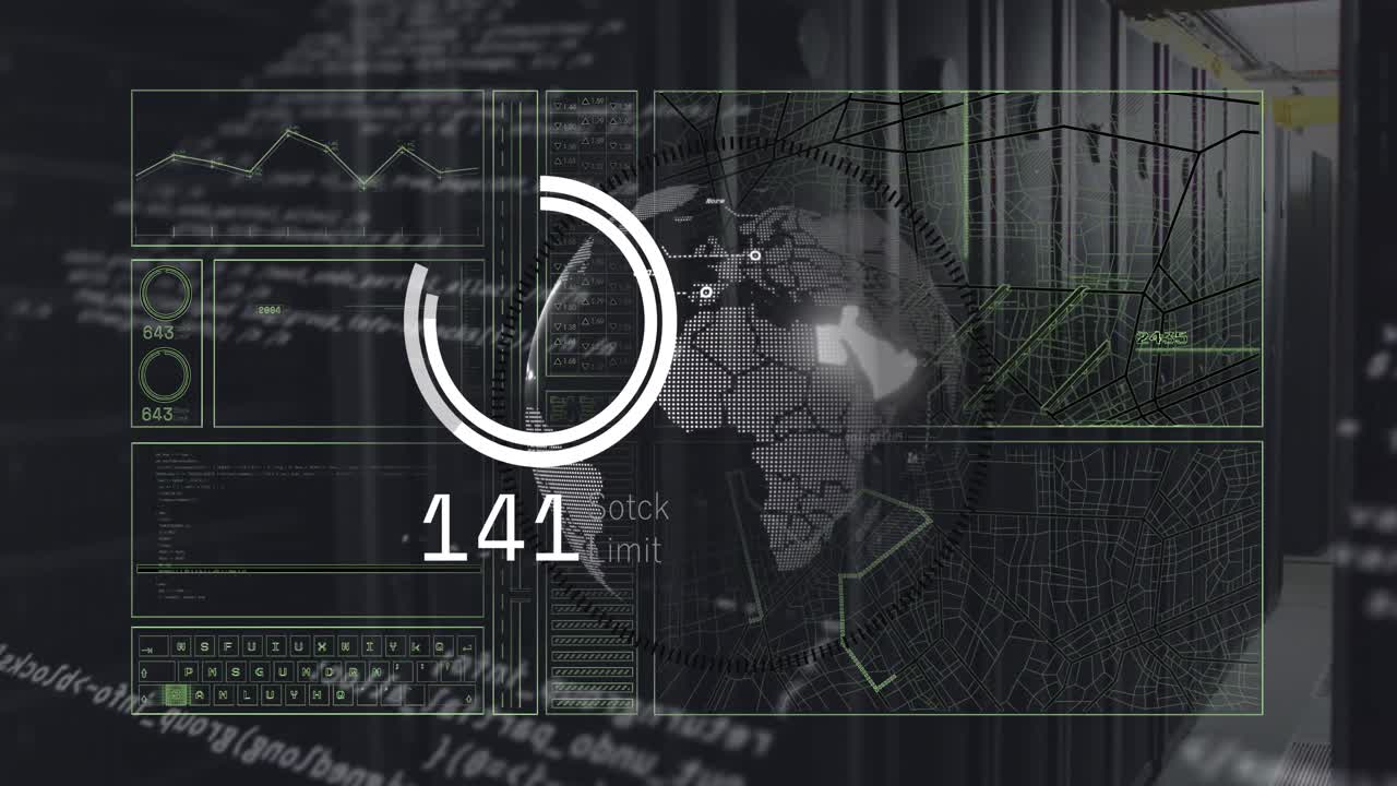 animación de la interfaz con procesamiento de datos sobre el globo giratorio contra la sala de servidores de la computadora.