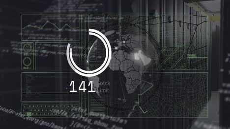 Animation-of-interface-with-data-processing-over-spinning-globe-against-computer-server-room