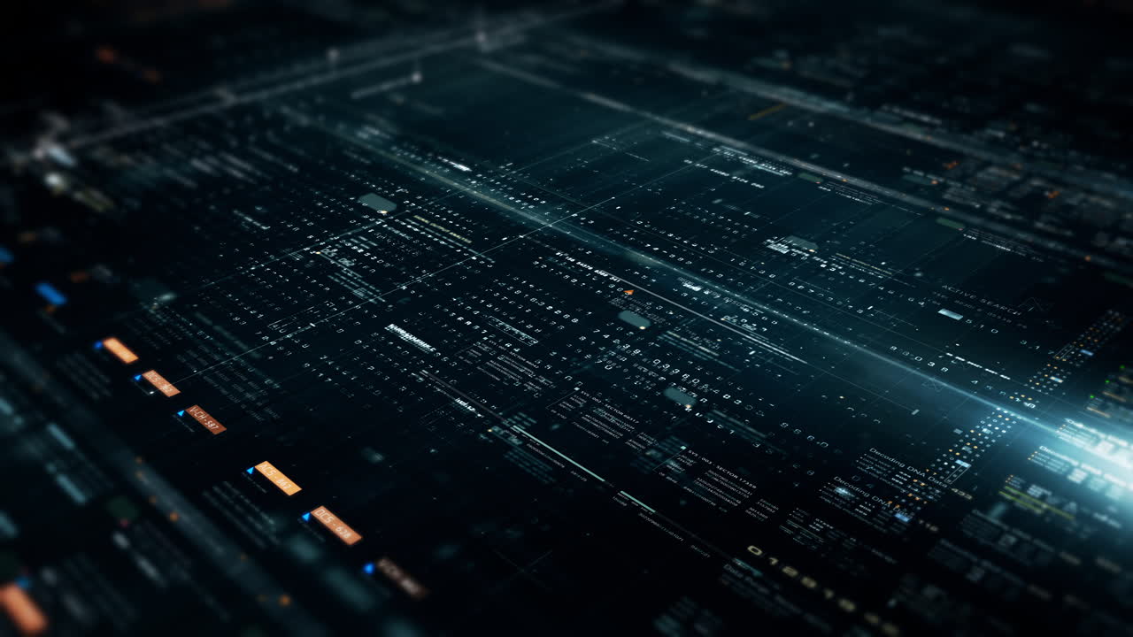 Futuristic abstract de-focus data matrix, meta, metaverse, telemetry and encrypt numbers display with particles simulation in cyber space environment for head up display background
