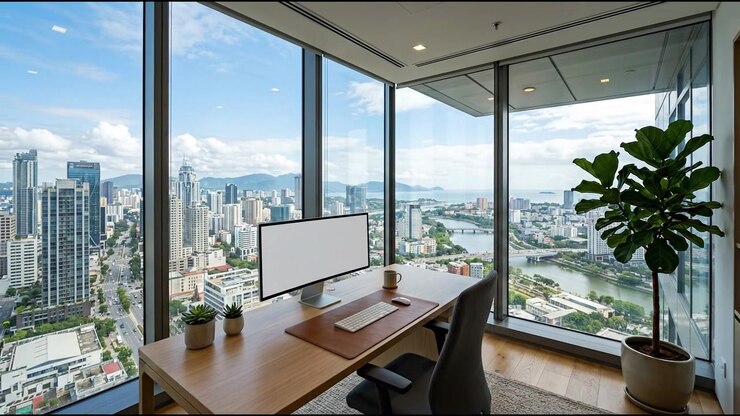 Interno di un ufficio moderno e vuoto con finestre a tutta altezza e vista sulla città