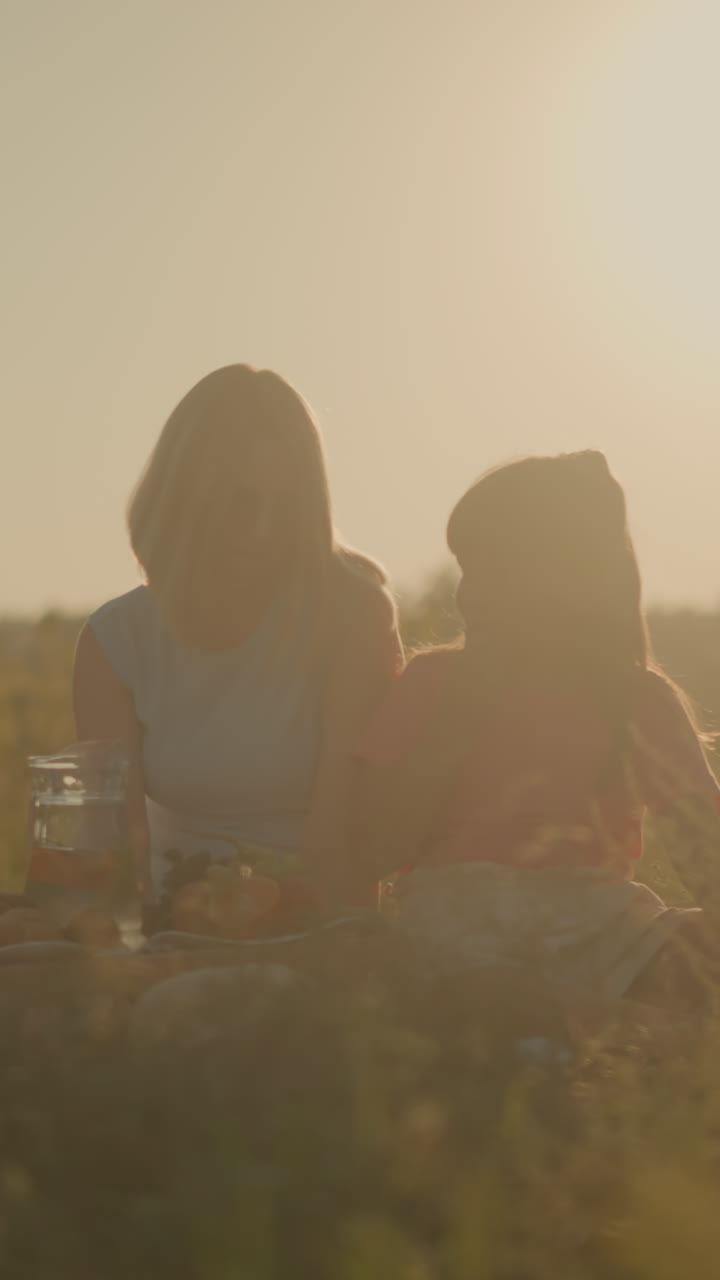 어머니와 딸은 황금빛 아래 평화로운 야외 피크닉을 즐기고, 간식과 과일을 공유합니다. 피크닉 설정에는 물병, 간식 및 과일이 피크닉 매트에 배열되어 있습니다.