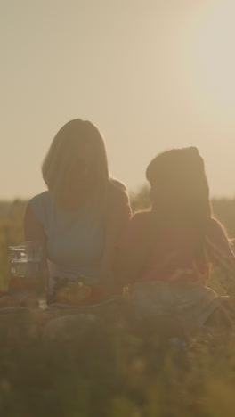 madre e hija disfrutando de un pacífico picnic al aire libre bajo la luz del sol dorado, compartiendo bocadillos y frutas, la configuración del picnic incluye jarro de agua, bocadillos, y frutas dispuestas en una alfombra de picnic