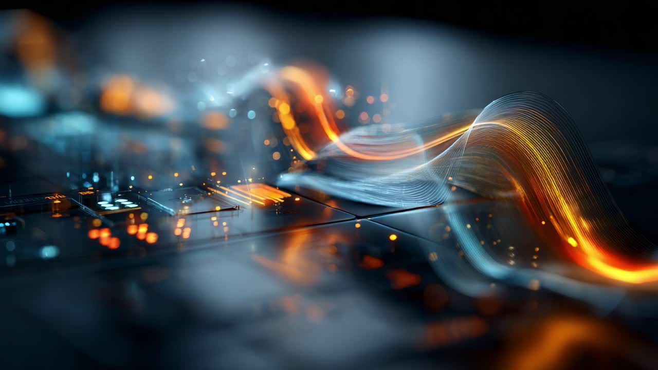 Abstract Digital Waves and Light Effects: An Artistic Representation of Modern Technology and Innovation Showcasing Colorful Illuminations and Fluid Motion Across a Circuitry Background