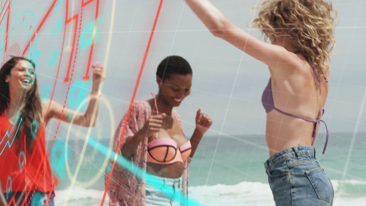 Lead woman bobbing, 4 women dancing on beach circuit overlay scrolling over them celebrating for ad