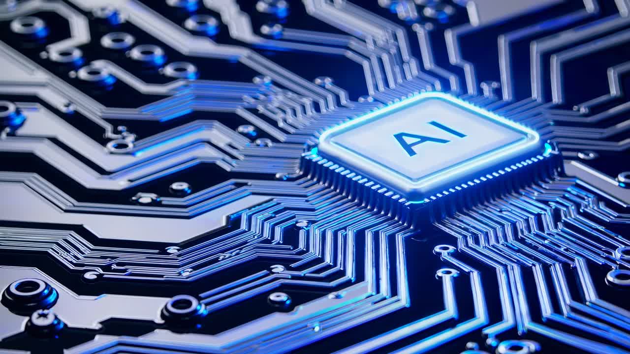 Närbild, vinklad vy av ett glödande AI-chip på ett kretskort, som betonar futuristisk teknik.