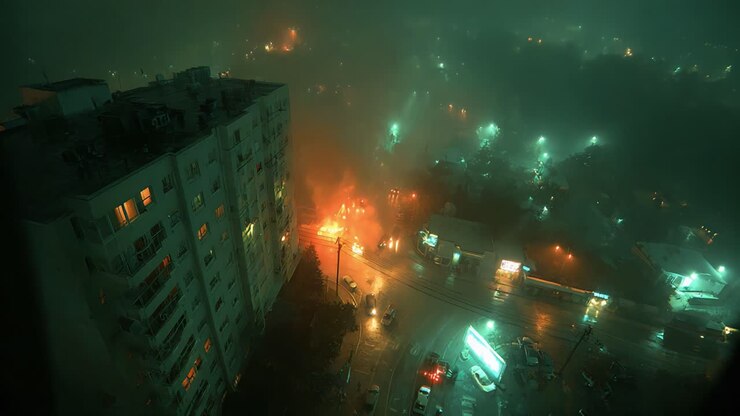 Una rappresentazione drammatica di caos e luce: le fiamme divampano tra la nebbia e il paesaggio urbano, catturando la tensione tra natura e vita cittadina in due inquadrature.