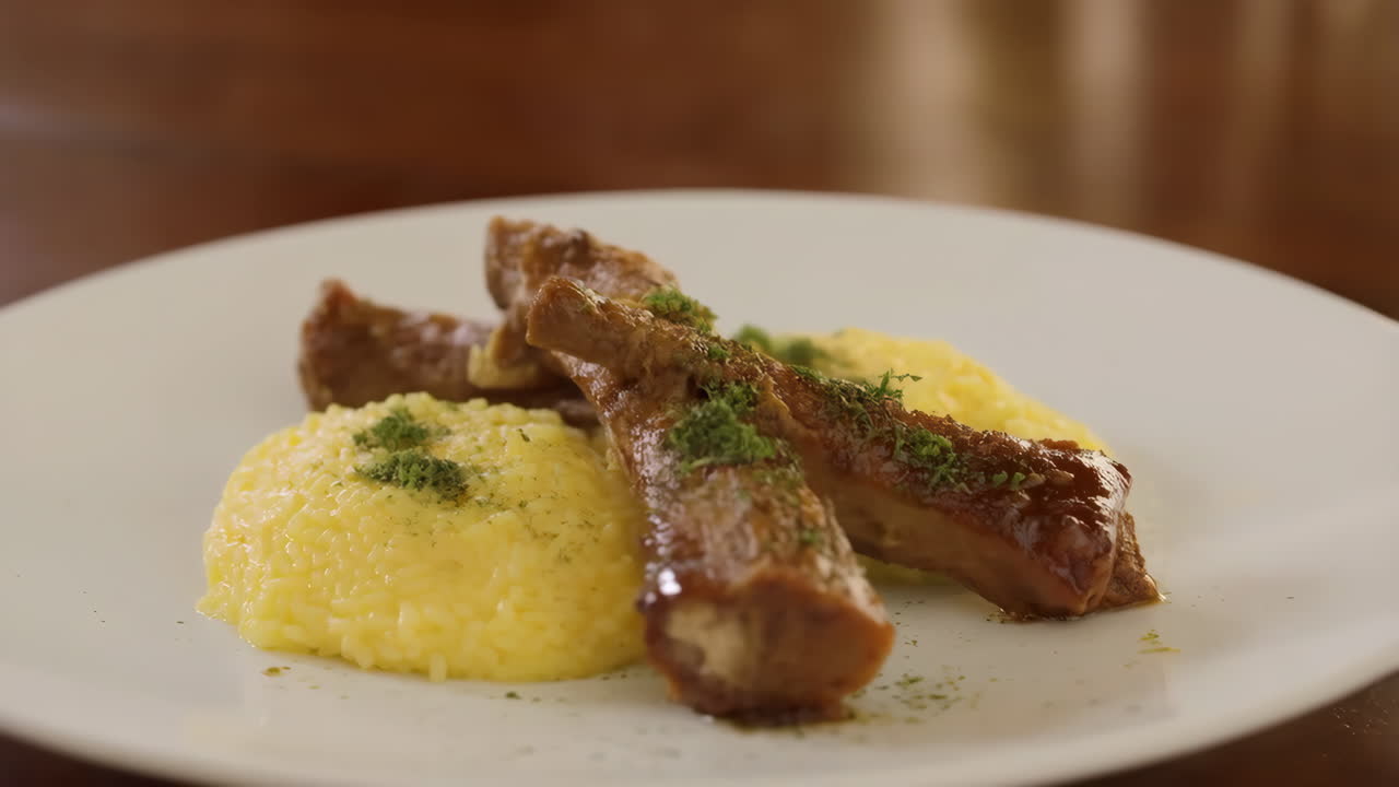 Prato Apetitoso de Costelas Glaceadas e Arroz Amarelo com Ervas